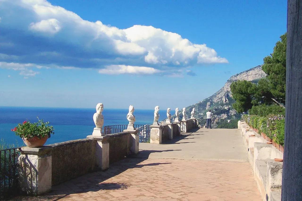 Terrace of Infinity at Villa Cimbrone in Ravello, Italy, lined with classical statues