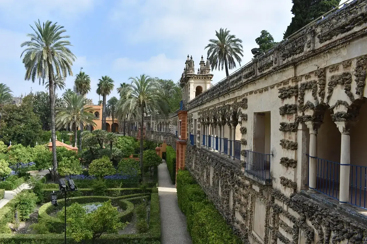 The gardens and raised gallery of the Real Alcazar of Seville