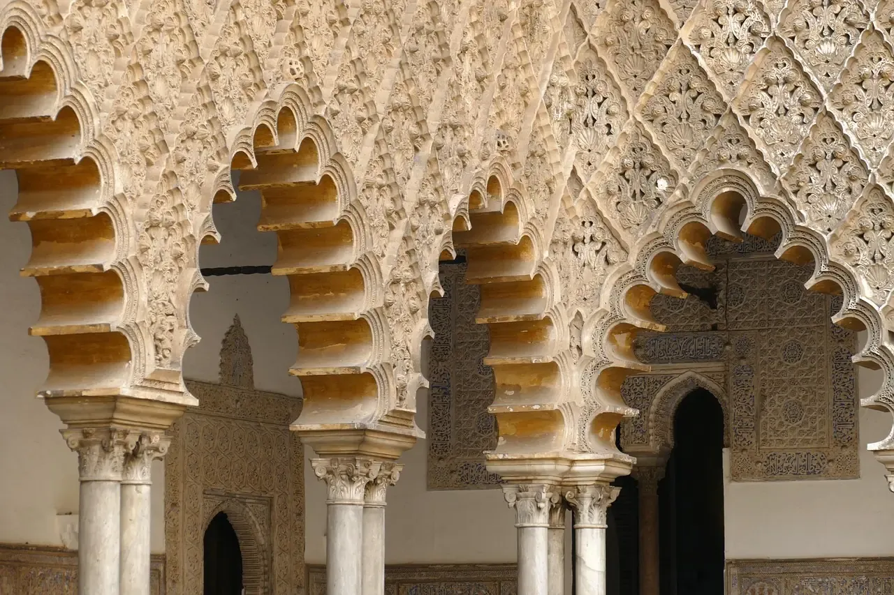 Carved Mudejar stucco and arches at the Real Alcazar of Seville