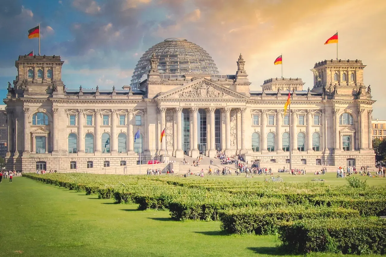 The Reichstag building in Berlin at golden hour