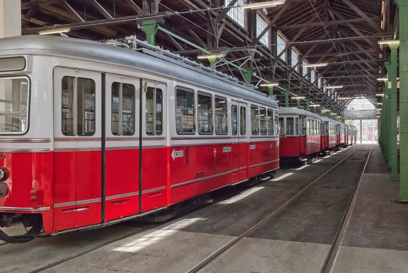 Historic red tram in the hall of the Remise transport museum, Vienna