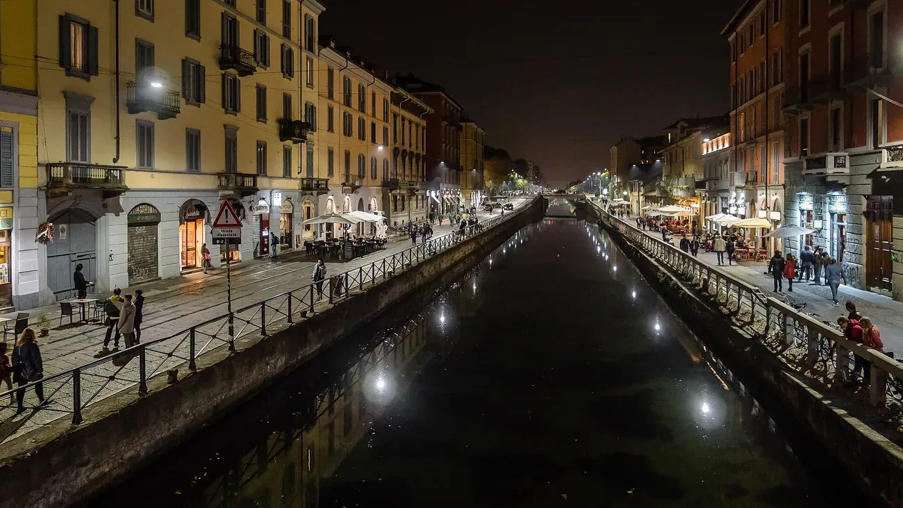 The Naviglio Grande at night along Ripa di Porta Ticinese in Milan