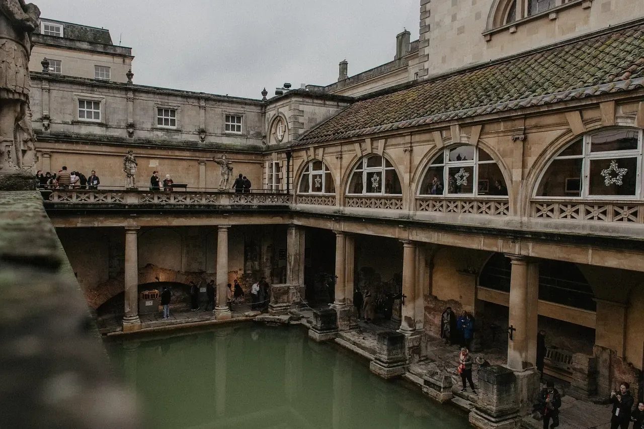 Statues along the terrace above the Great Bath in Bath