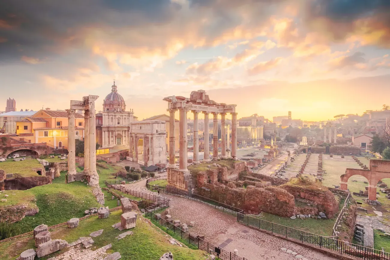 The Roman Forum at sunset in Rome