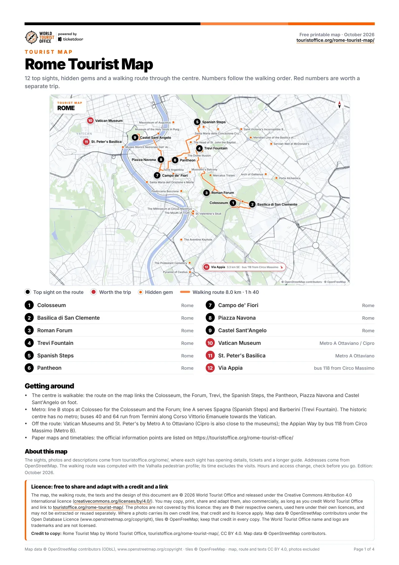 Page 1 of the free printable Rome tourist map PDF