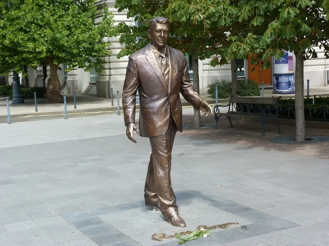 The bronze statue of Ronald Reagan striding across Szabadsag ter in Budapest