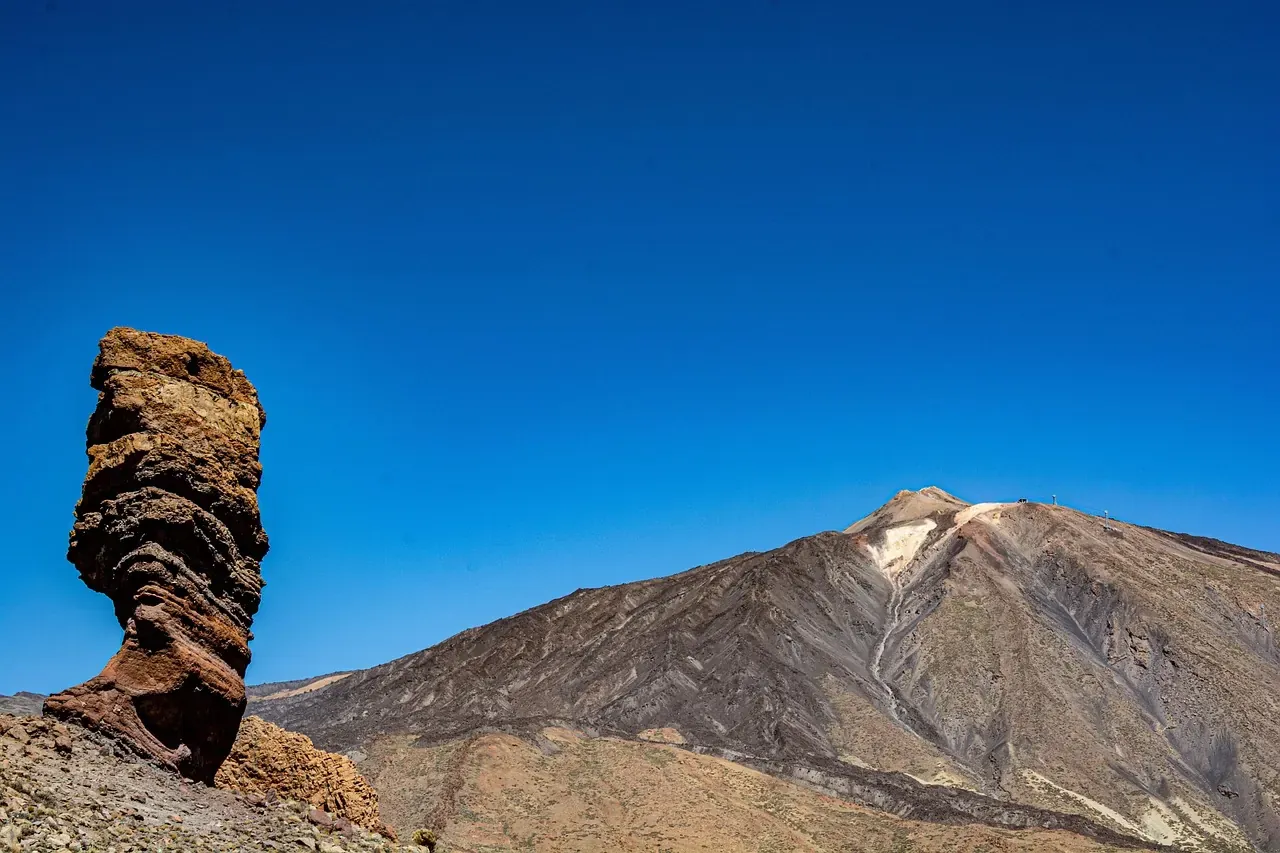 The Roque Cinchado rock pillar with the cone of Mount Teide behind it in Teide National Park, Tenerife
