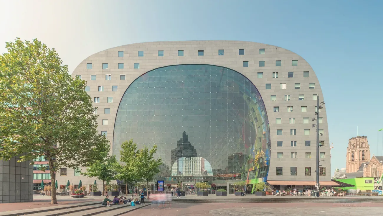 The horseshoe-shaped exterior of the Markthal, Rotterdam's covered market hall