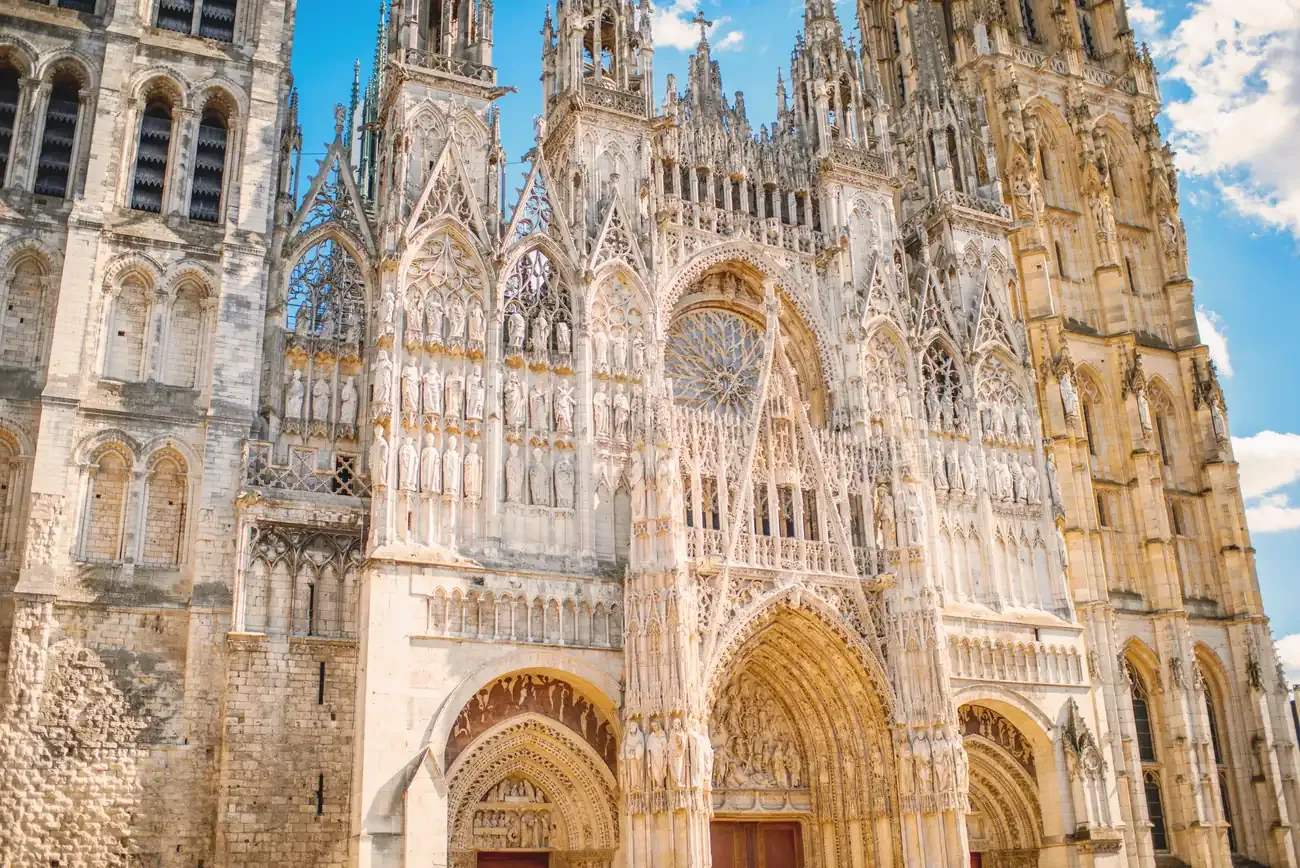 Detailed view of Rouen Cathedral's Gothic facade, Normandy, France