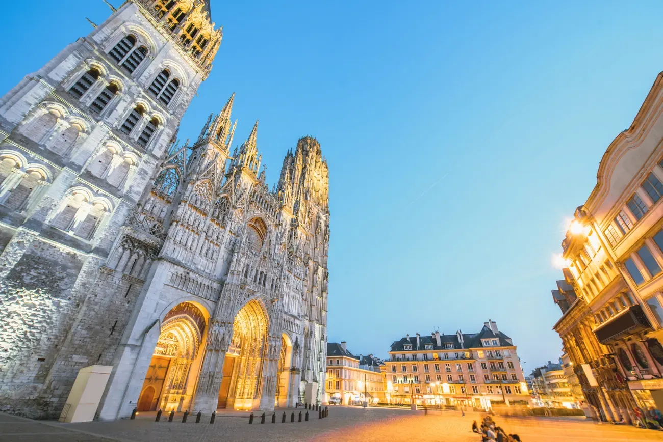 Rouen Cathedral illuminated at night, Normandy, France