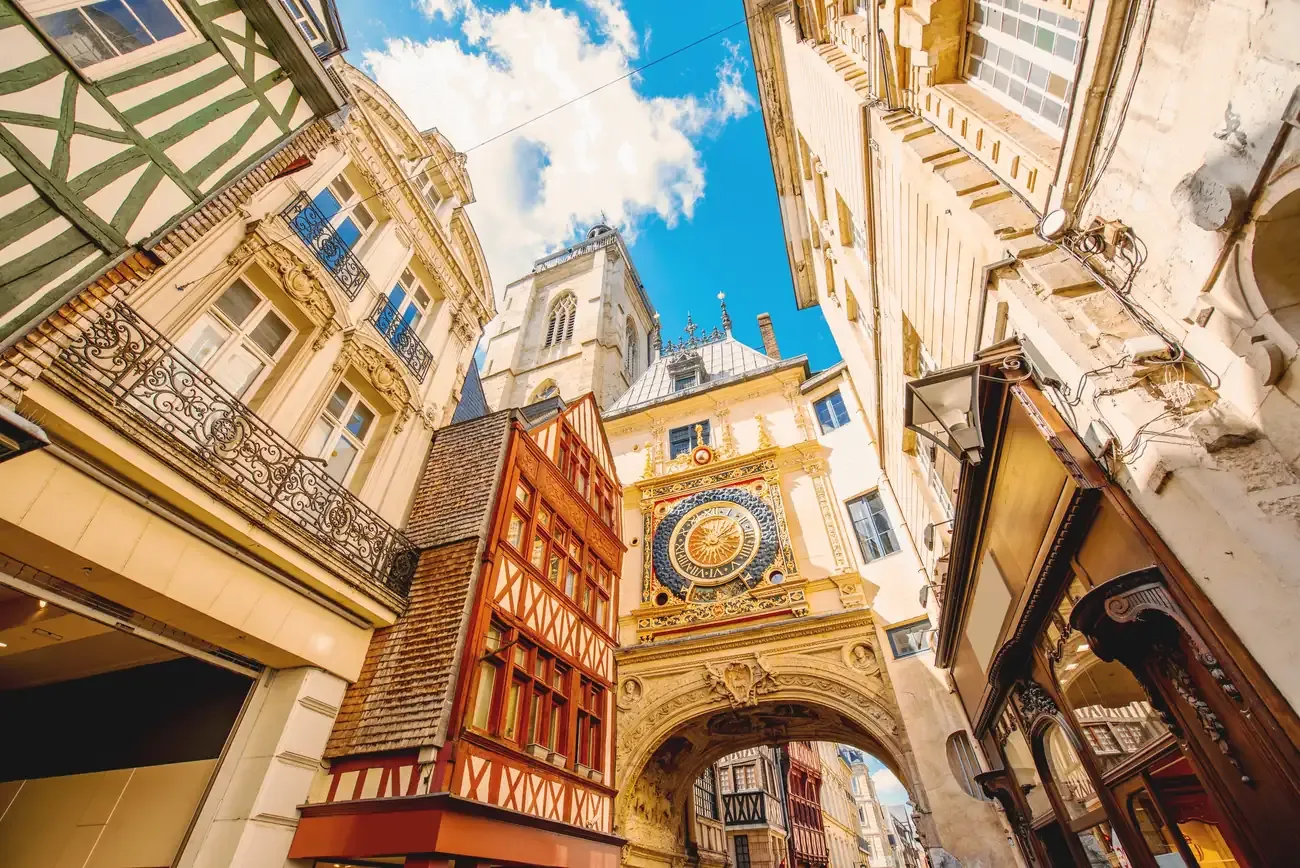 The Gros Horloge astronomical clock above a street in Rouen, France