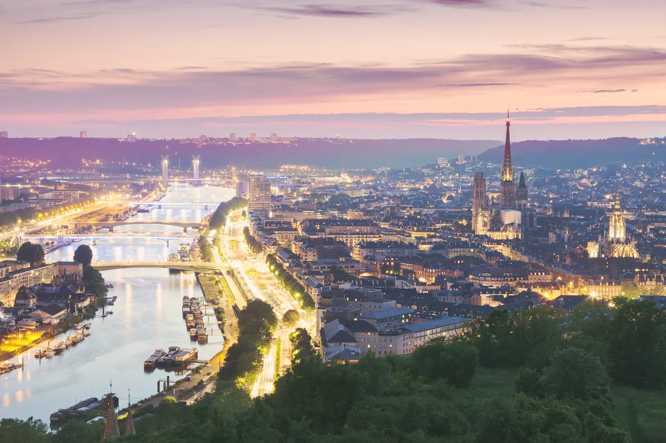 Panoramic view of Rouen and the Seine river at sunset, Normandy, France