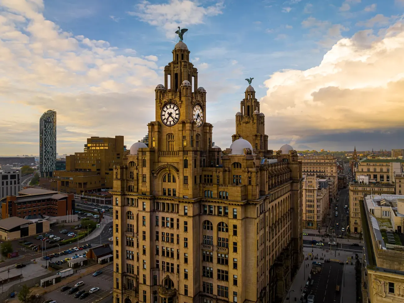 Aerial view of the two clock towers of the Royal Liver Building topped by the Liver Birds in Liverpool