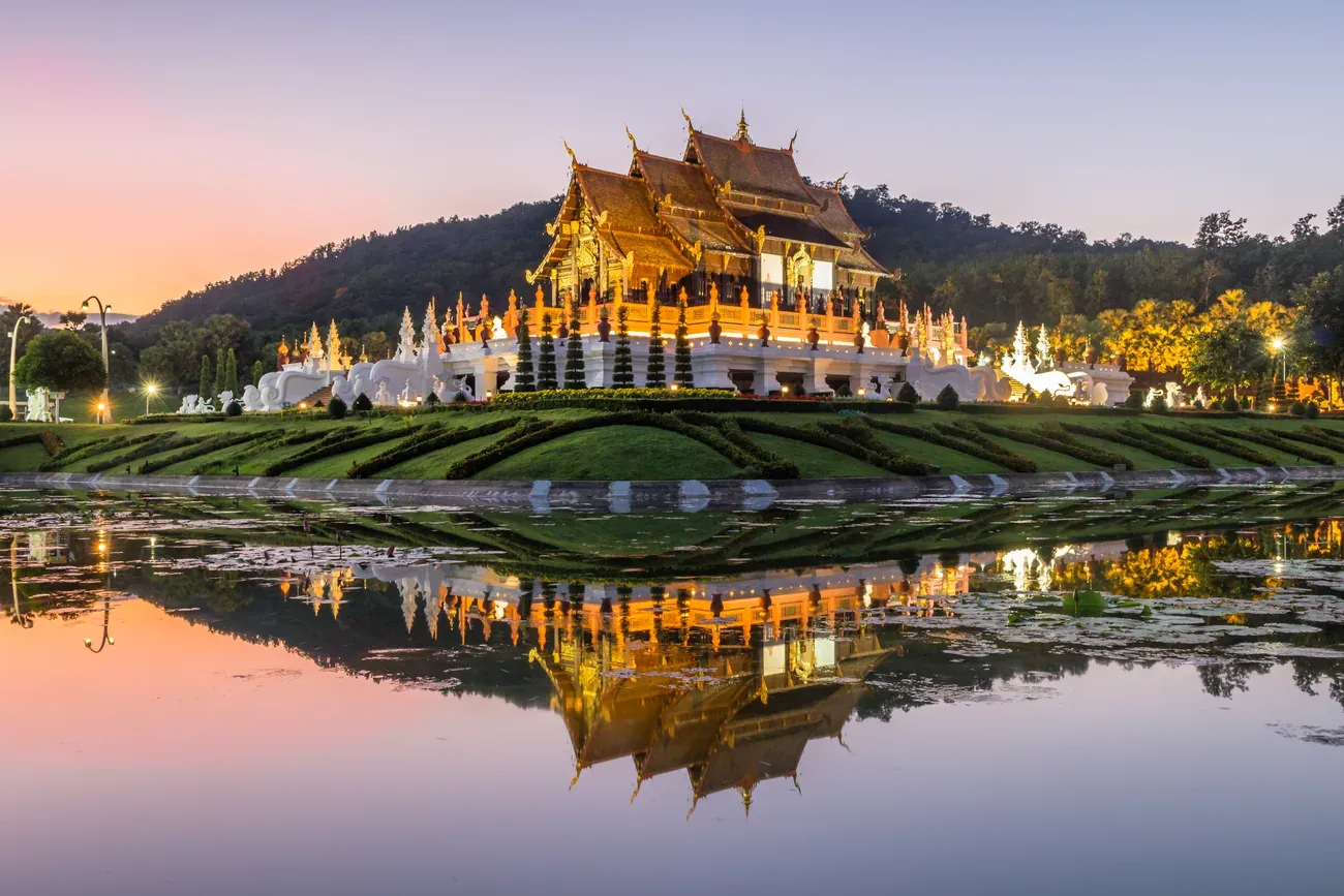 The Royal Pavilion Ho Kham Luang reflected at sunset, Chiang Mai
