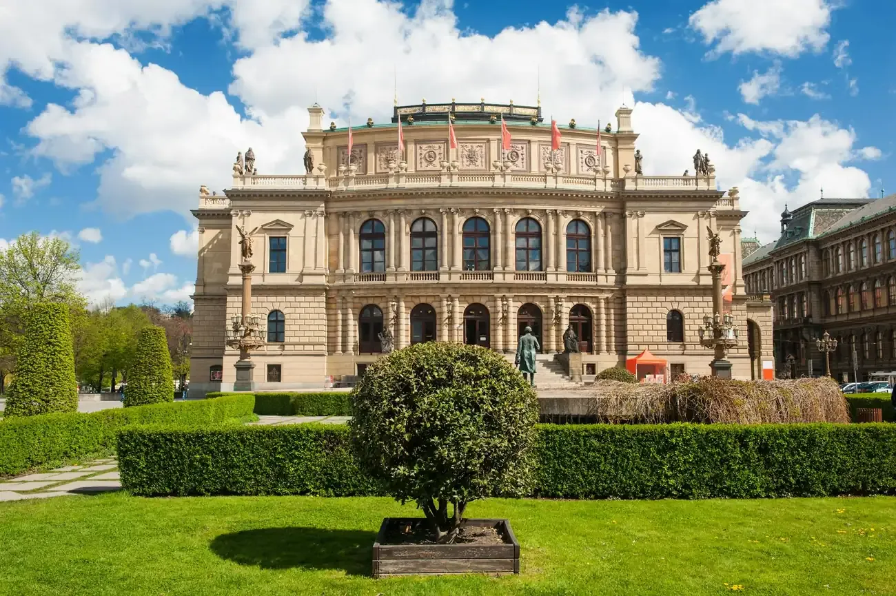 The Rudolfinum concert hall beside the river in Prague