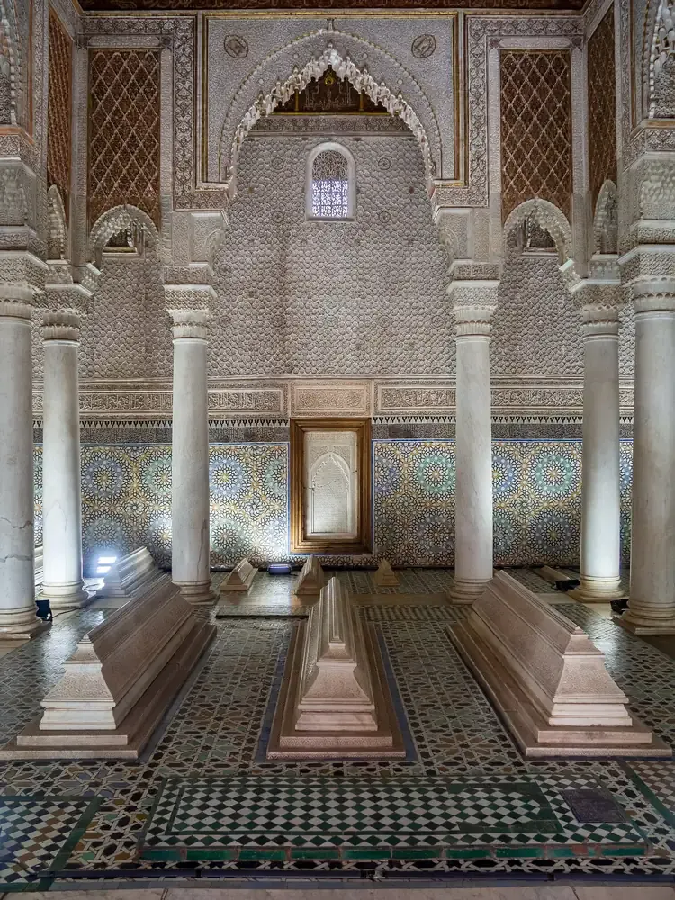 The marble Hall of the Twelve Columns inside the Saadian Tombs in Marrakech
