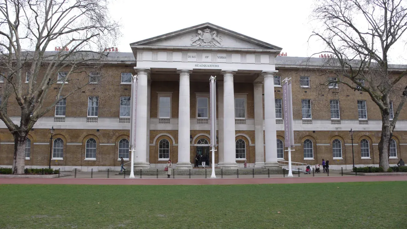 The columned portico of the Saatchi Gallery in the former Duke of York's Headquarters, Chelsea, London