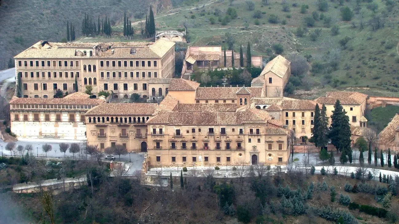 The Abbey of Sacromonte seen from across the valley on its hillside above Granada