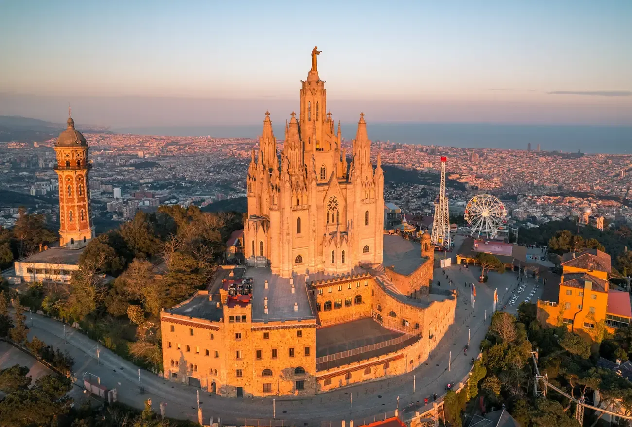 The Sagrat Cor temple on Tibidabo at sunset in Barcelona