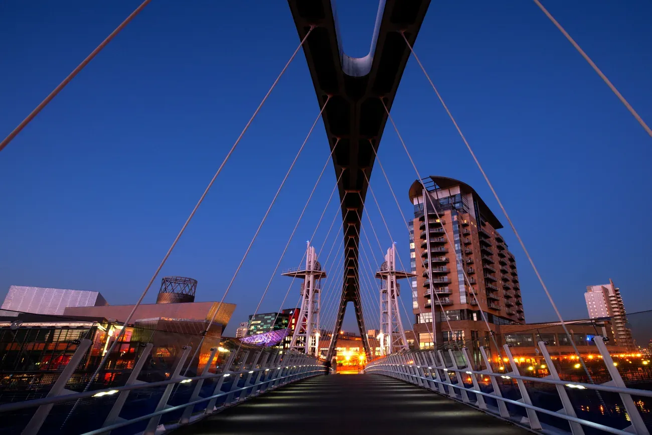 The white cable footbridge at Salford Quays at dusk, Manchester