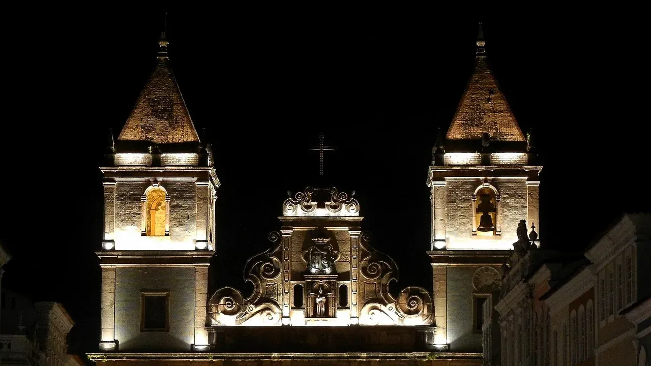 The floodlit facade of the cathedral in the historic centre of Salvador