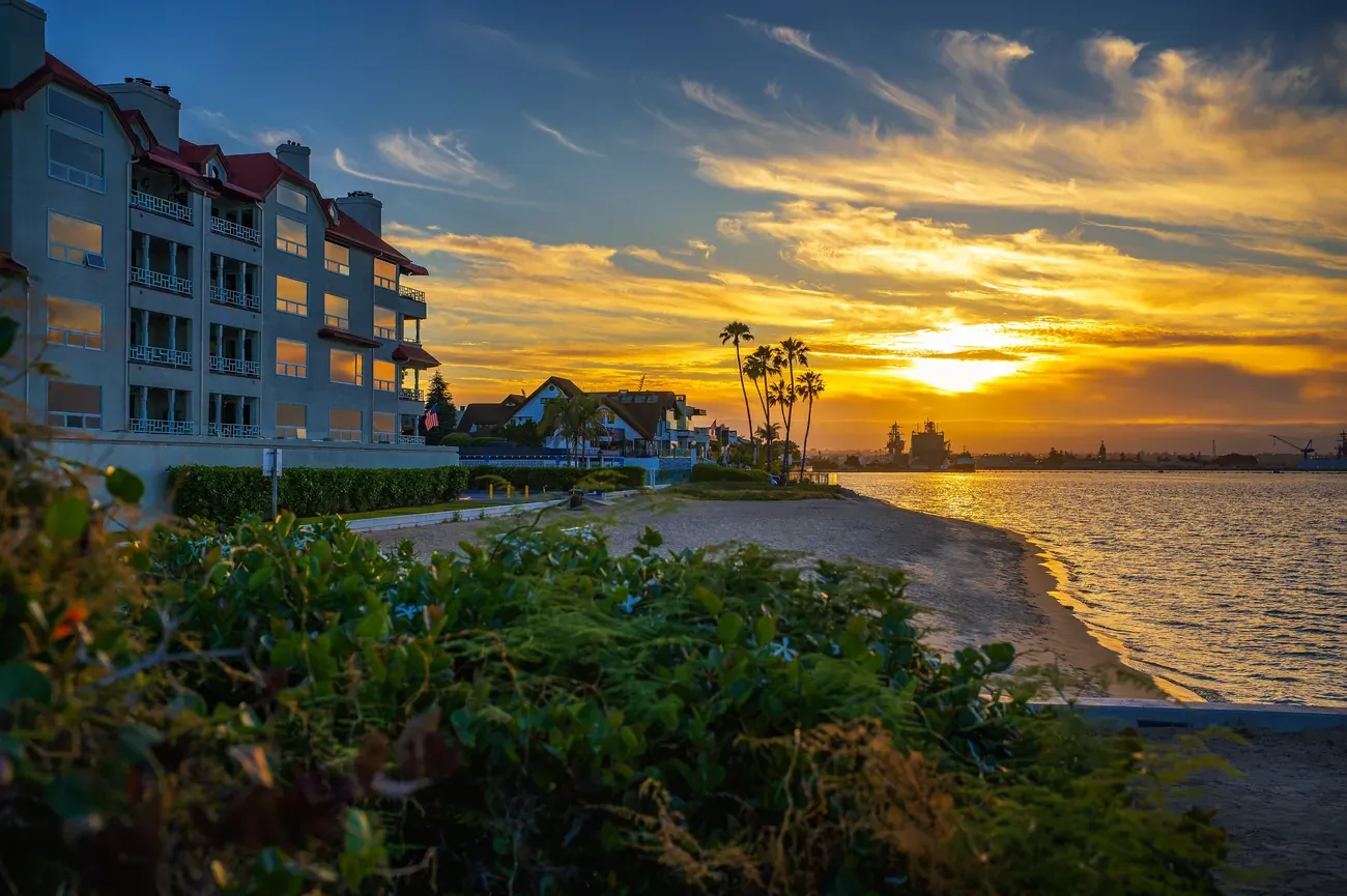 Sun setting over San Diego Bay with palm trees on a sandy shoreline and ships silhouetted in the distance