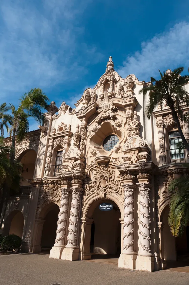 Ornate Spanish Colonial Revival facade of the Casa del Prado in Balboa Park, San Diego
