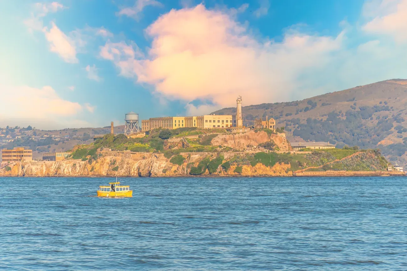 Alcatraz Island at dusk in San Francisco Bay