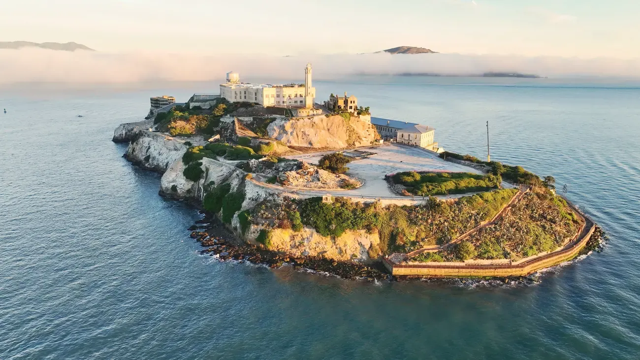 Aerial view of Alcatraz Island in San Francisco Bay