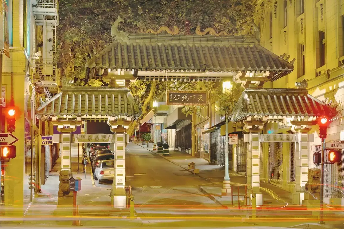 The Dragon Gate to San Francisco's Chinatown lit at night