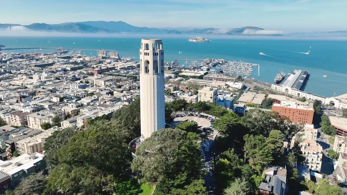 Coit Tower on Telegraph Hill above San Francisco and the bay