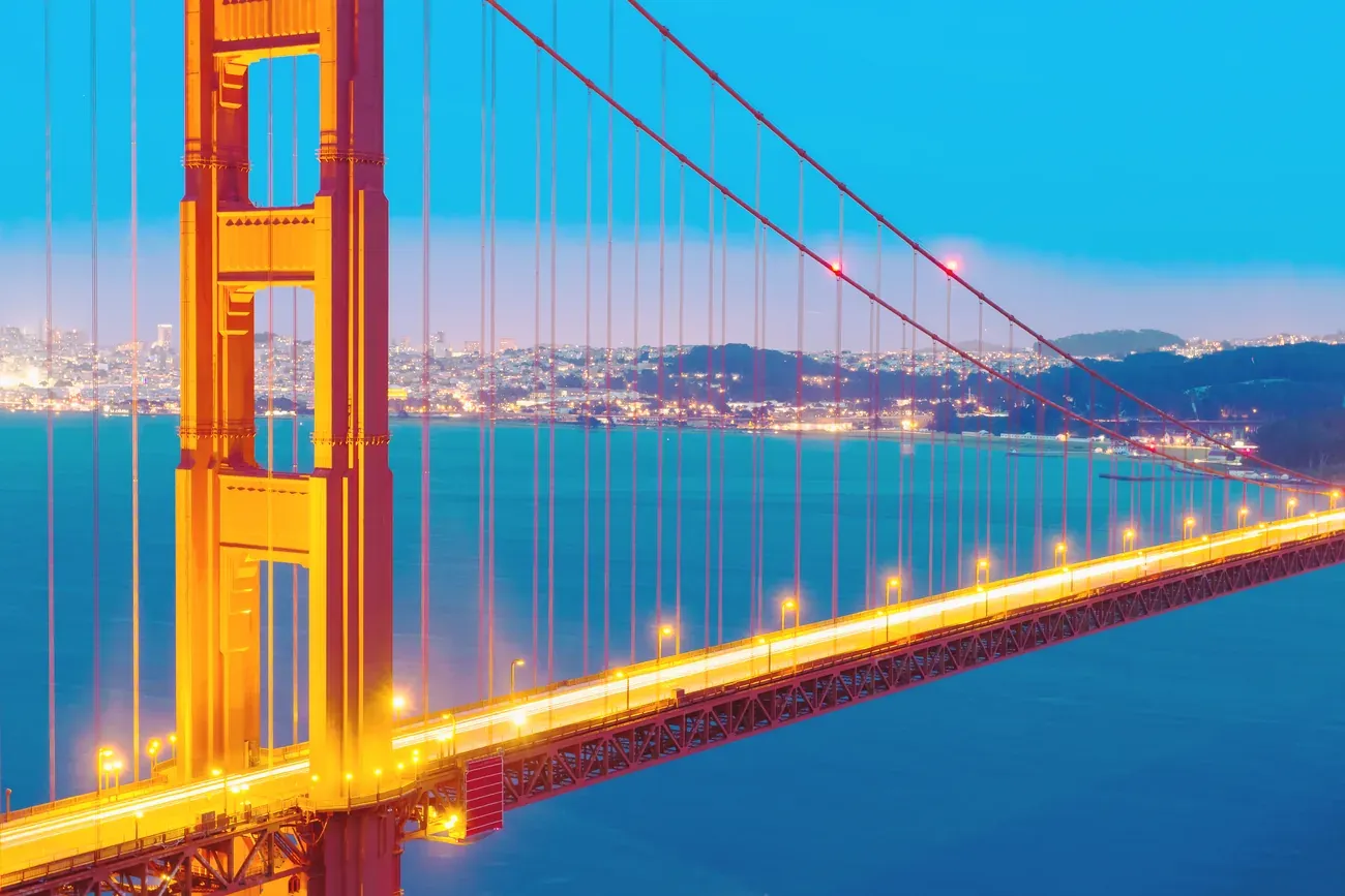 The Golden Gate Bridge illuminated at night, San Francisco