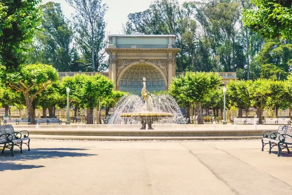 The fountain and pavilion at the Music Concourse in Golden Gate Park, San Francisco