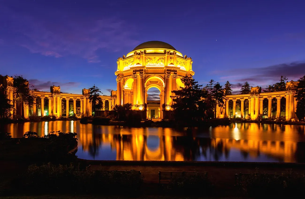 The Palace of Fine Arts illuminated at night, San Francisco