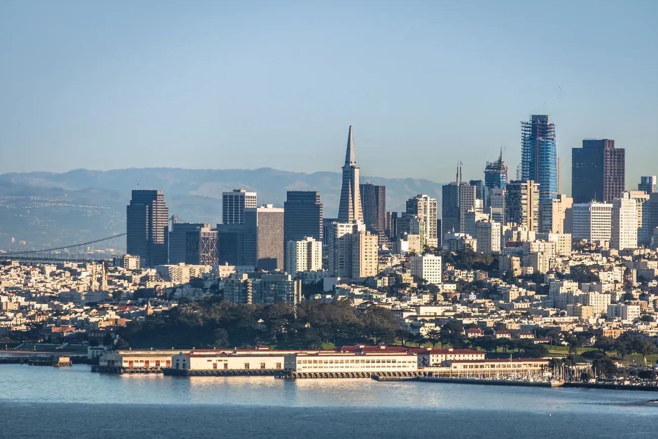 The San Francisco skyline with the Transamerica Pyramid seen across the bay