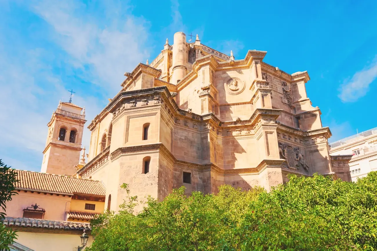 Exterior of the church of the Monastery of San Jeronimo in Granada seen from the garden