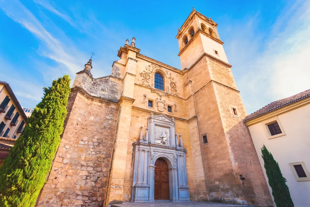 Renaissance church facade and bell tower of the Monastery of San Jeronimo in Granada