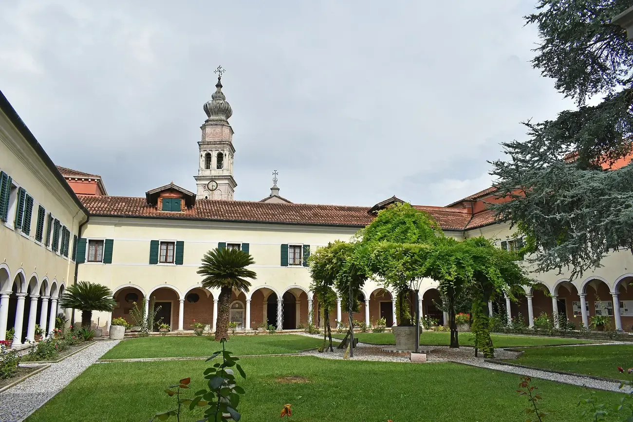 The garden cloister and bell tower of the Armenian monastery on San Lazzaro degli Armeni island in the Venetian lagoon