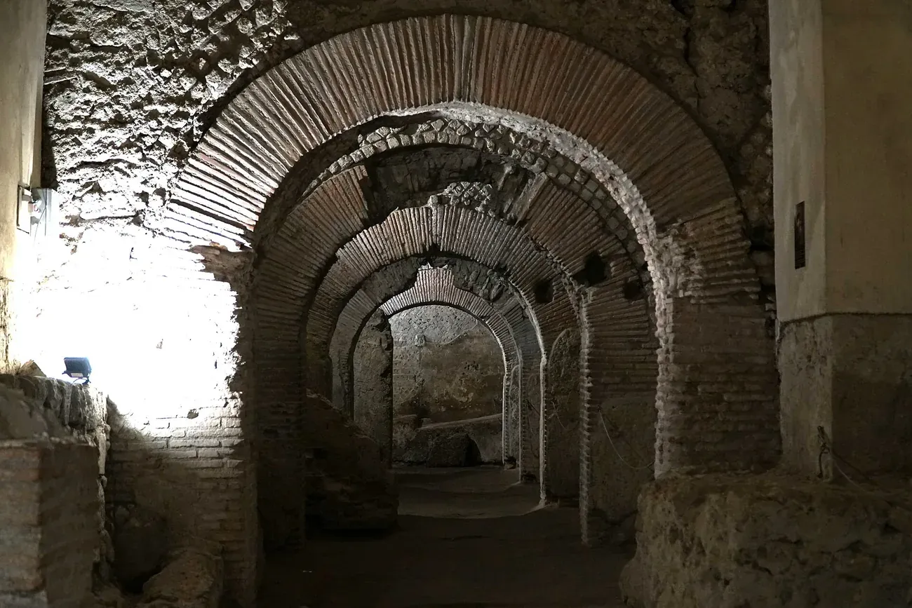 Brick arches of the excavated Greco-Roman market beneath San Lorenzo Maggiore in Naples