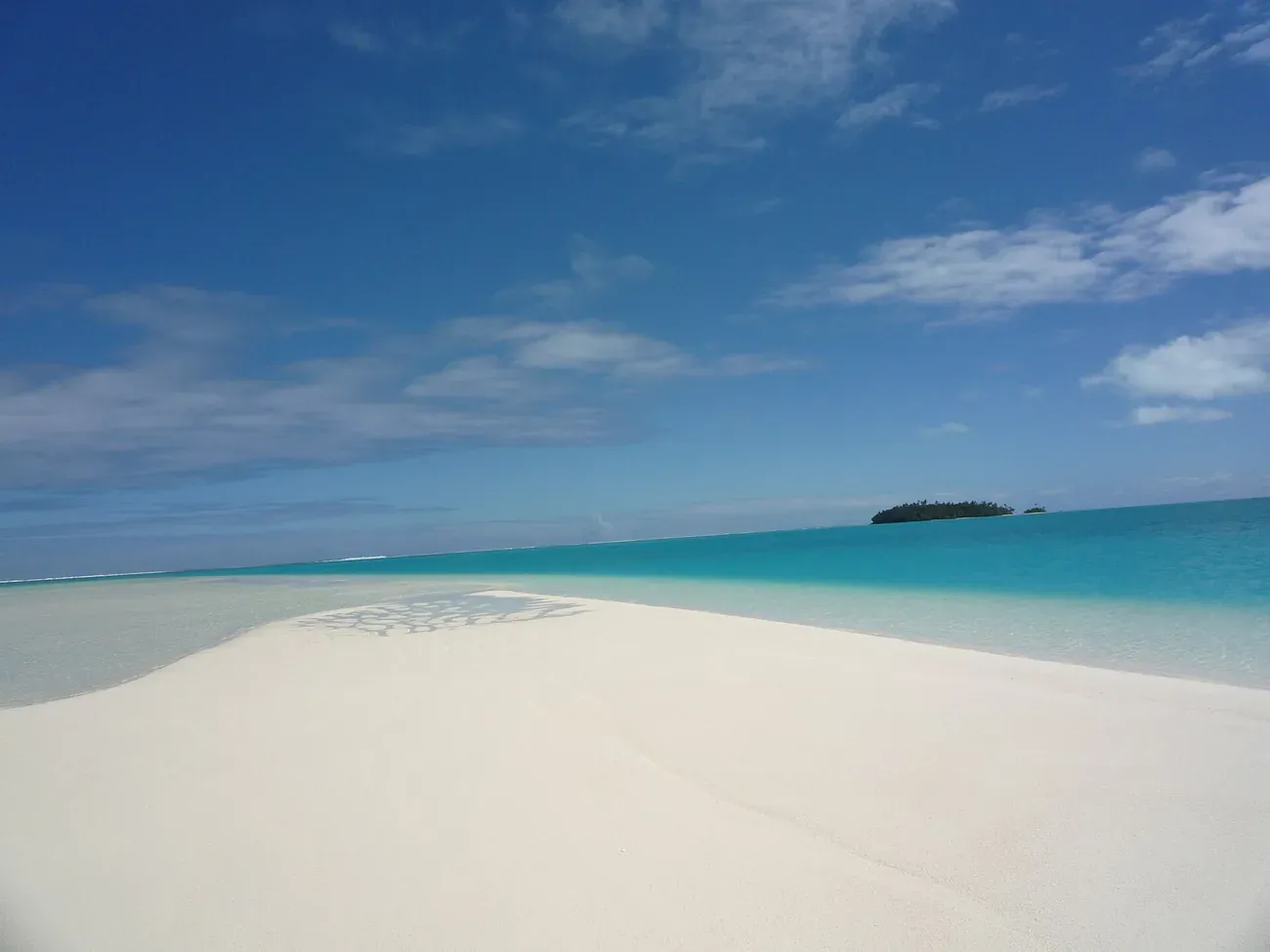 A white sandbar and a small islet in the Aitutaki lagoon near One Foot Island, Cook Islands