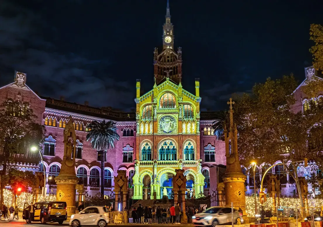 Sant Pau Recinte Modernista illuminated at night in Barcelona