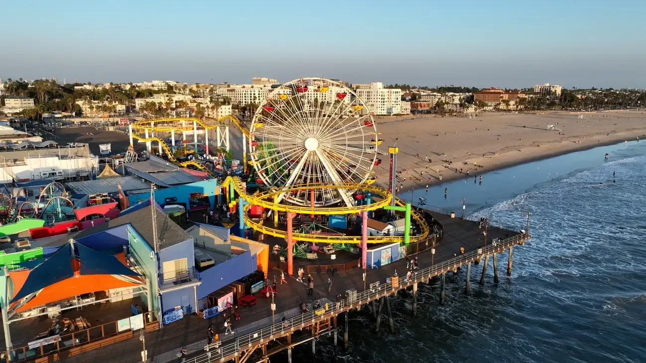 Aerial view of the Santa Monica Pier and its Ferris wheel near Los Angeles