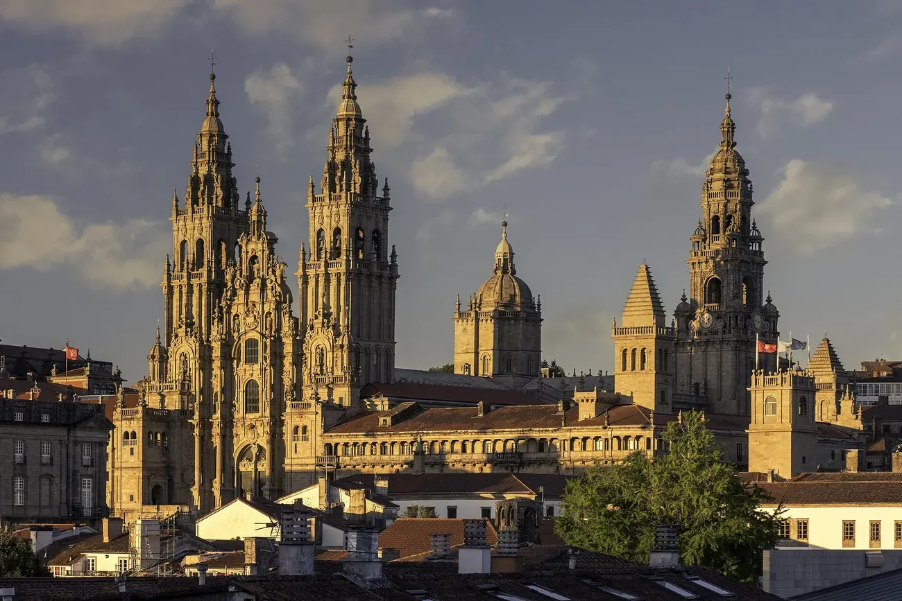 The towers of Santiago de Compostela Cathedral seen over the old town from the Alameda park