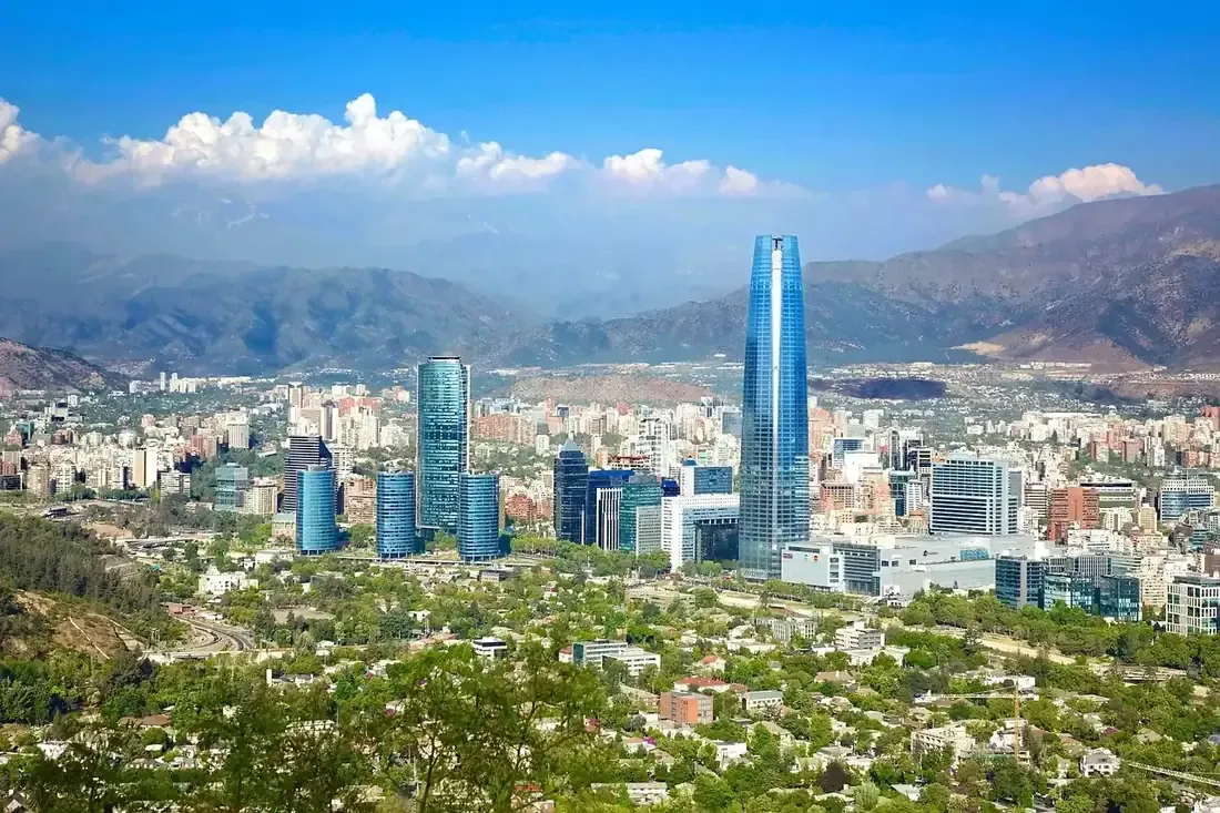 The towers of Santiago de Chile with the snow-capped Andes behind