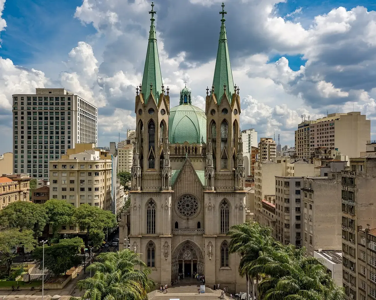 The spires and dome of the Metropolitan Cathedral on Praca da Se in Sao Paulo
