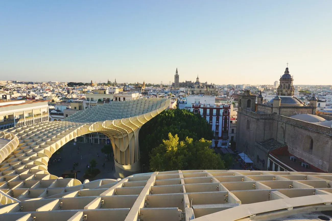 View from the rooftop walkway of the Setas de Sevilla towards the Giralda and Seville Cathedral