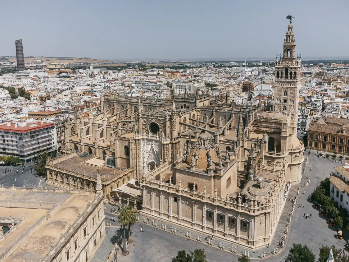 Aerial view of Seville Cathedral and the Giralda tower
