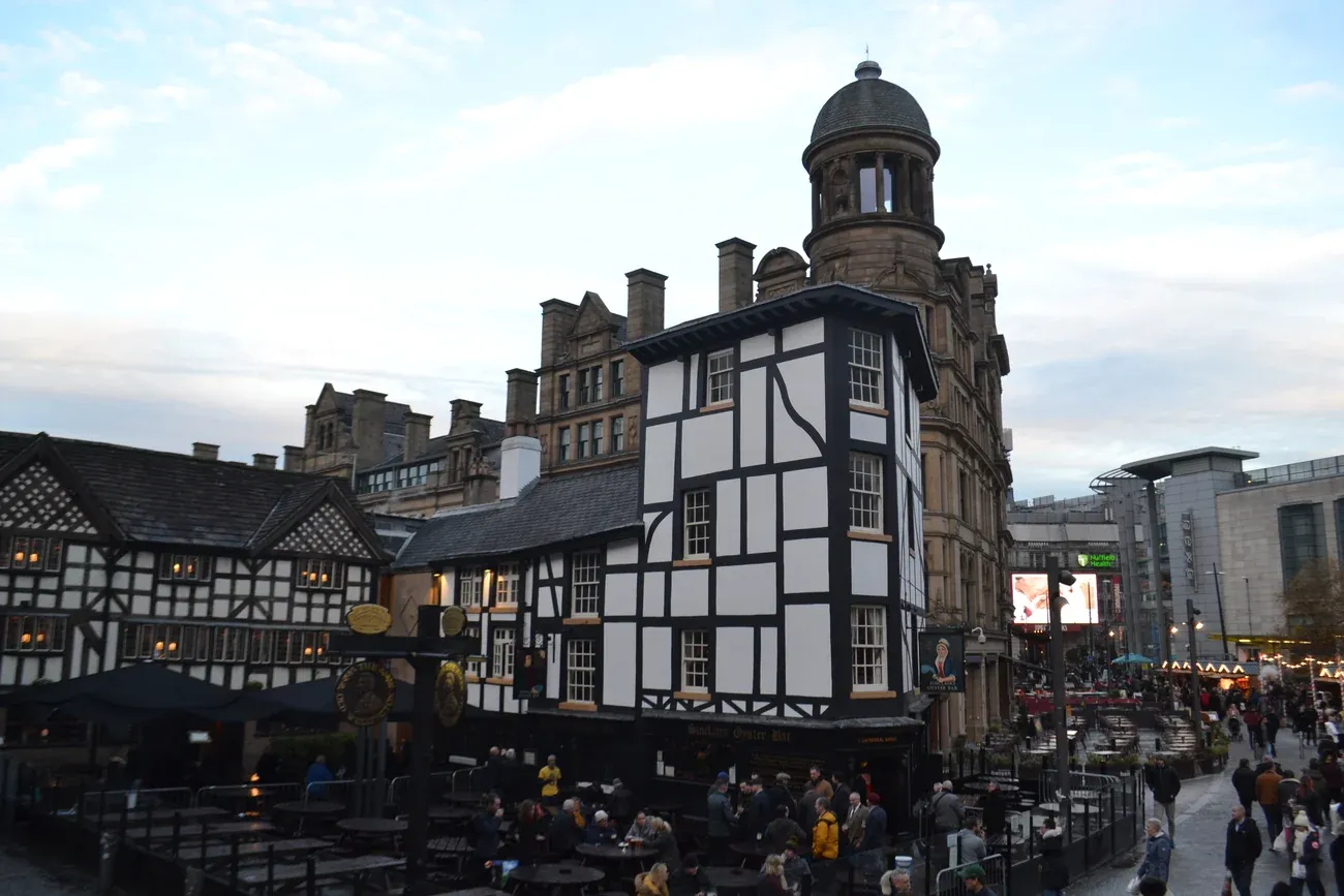 Shambles Square with the dome of the Corn Exchange behind, Manchester