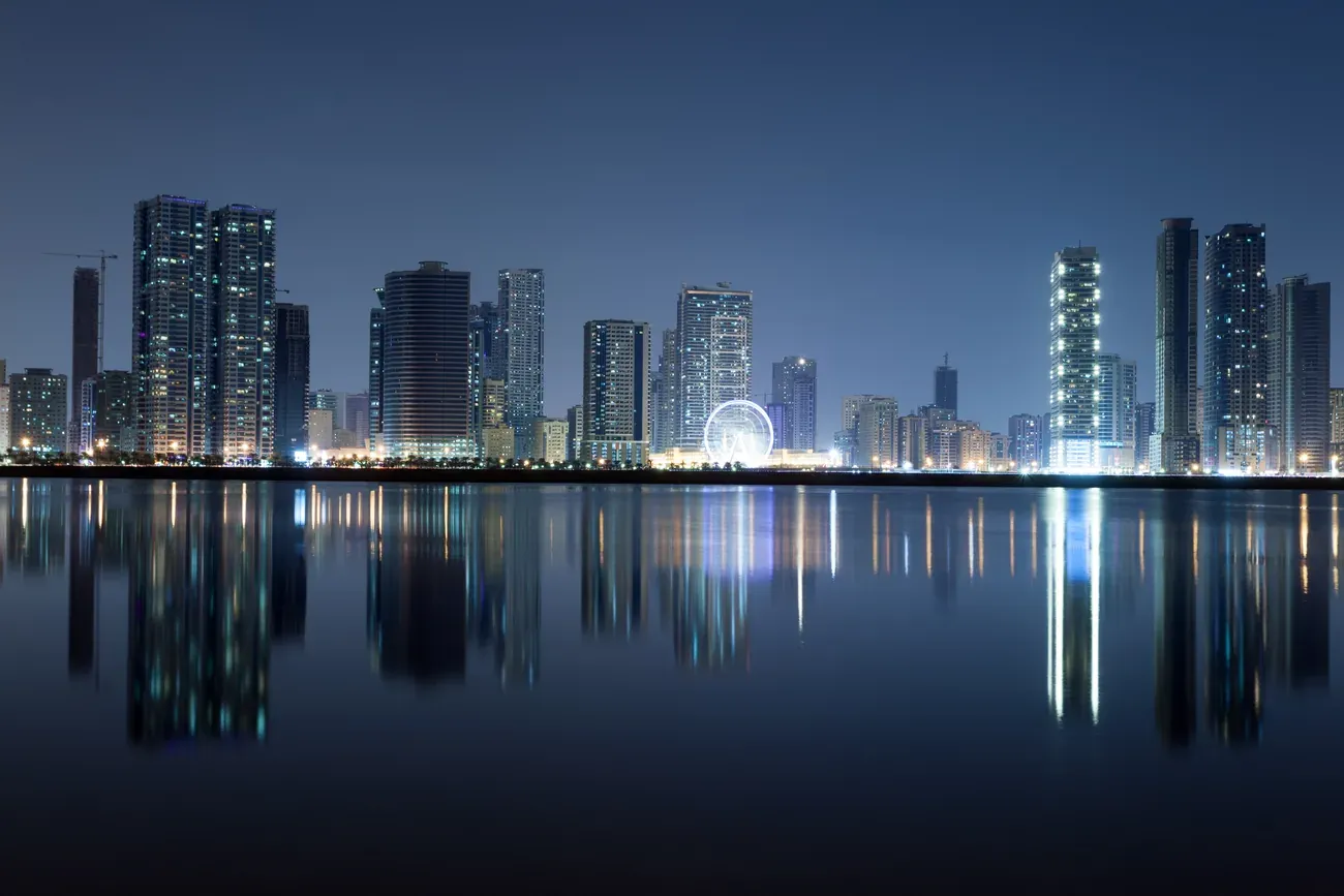 The Sharjah city skyline at night