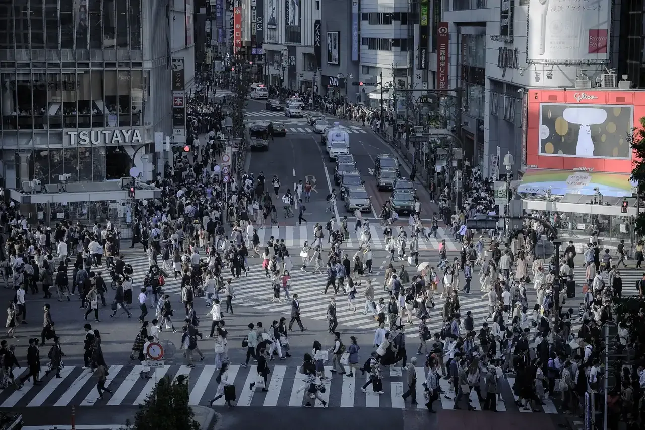 The Shibuya scramble crossing seen from above in Tokyo